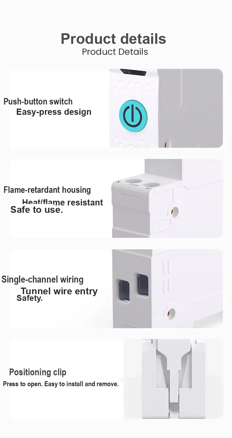 Close-ups of the breaker button, casing, and wiring terminal openings.