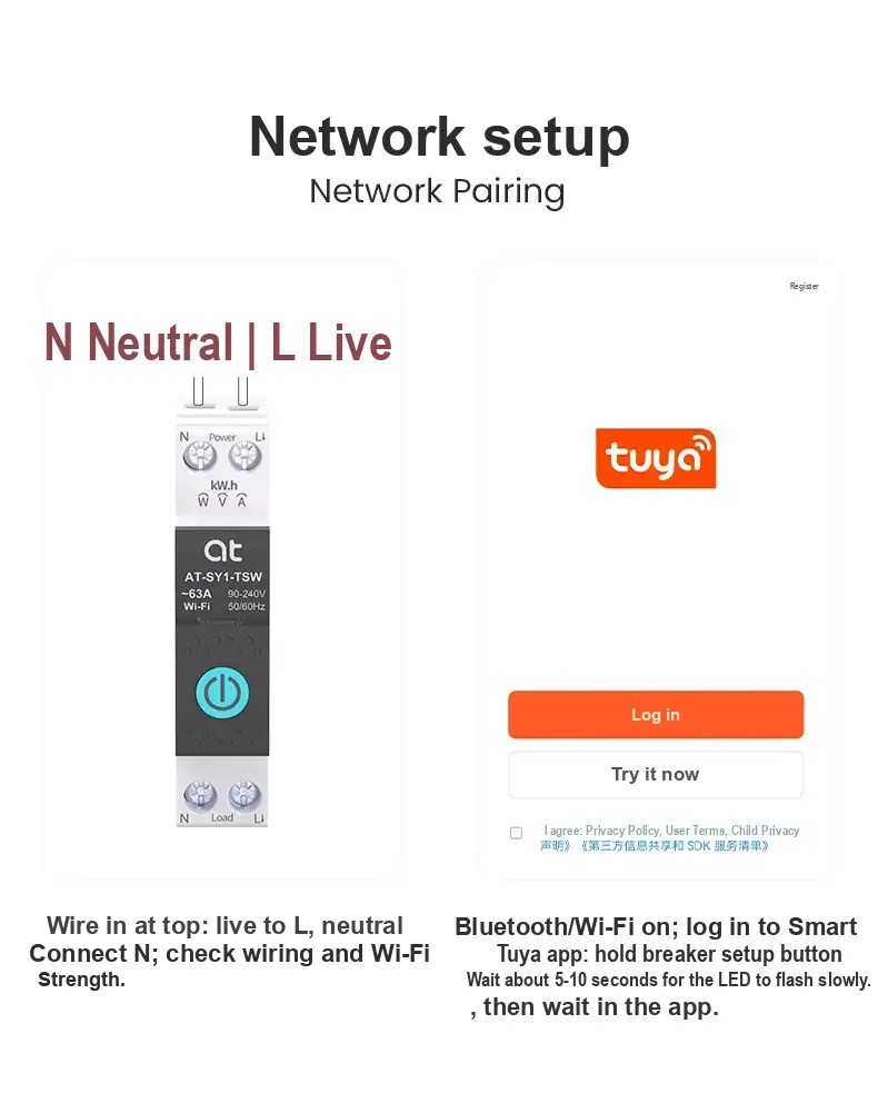 Network pairing instructions showing neutral and live wiring and app login.