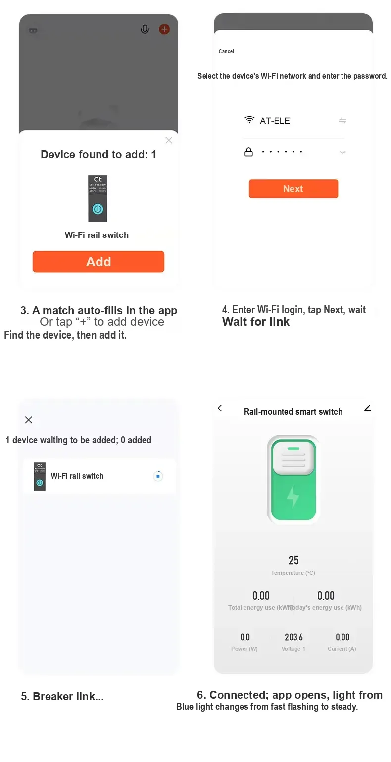 App setup screens showing device discovery and Wi-Fi network selection.