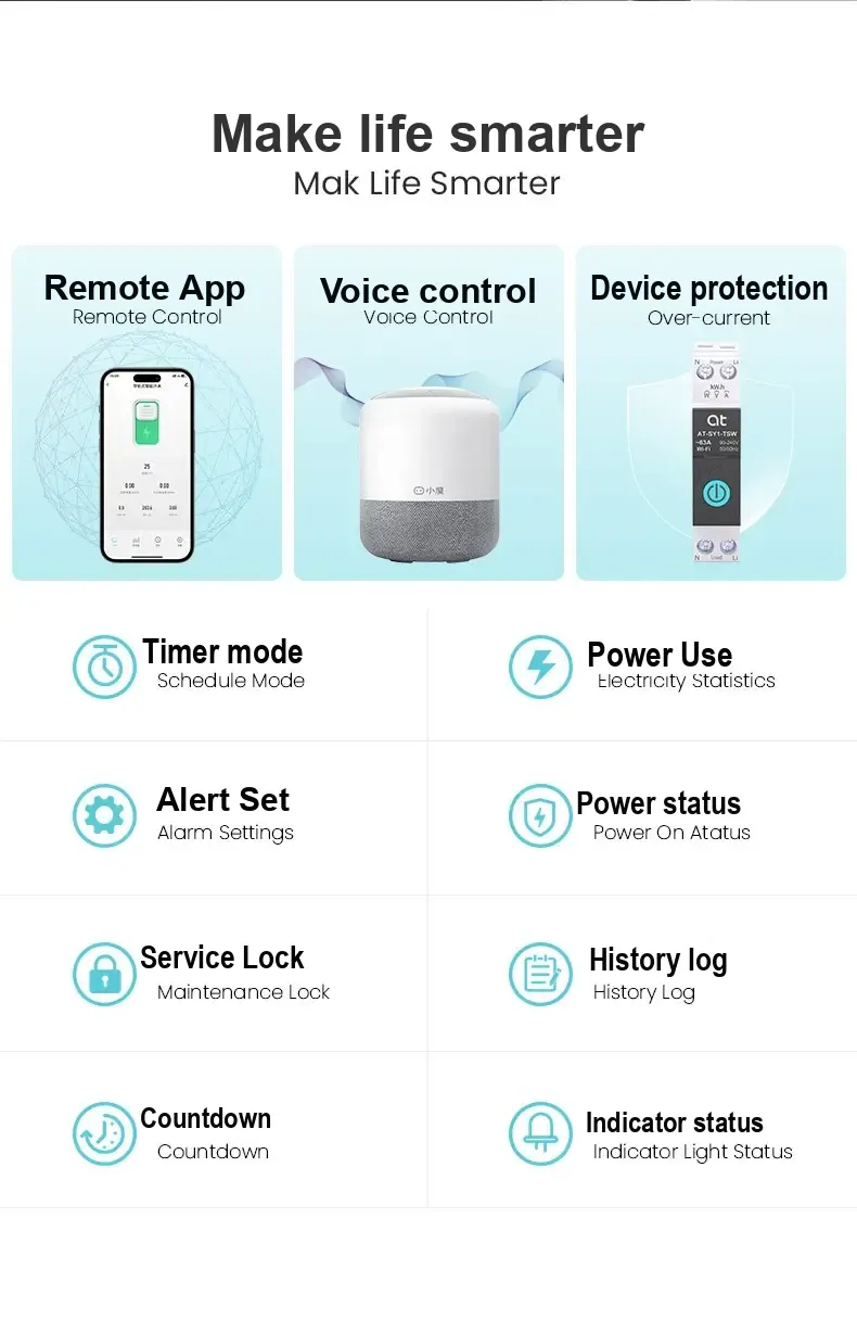 Feature panel showing remote and voice control, over-current protection, scheduling, and logs.