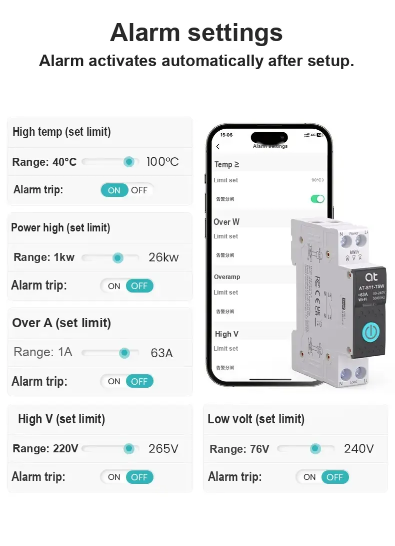 App alarm settings panel with temperature, power, current, overvoltage, and undervoltage thresholds.