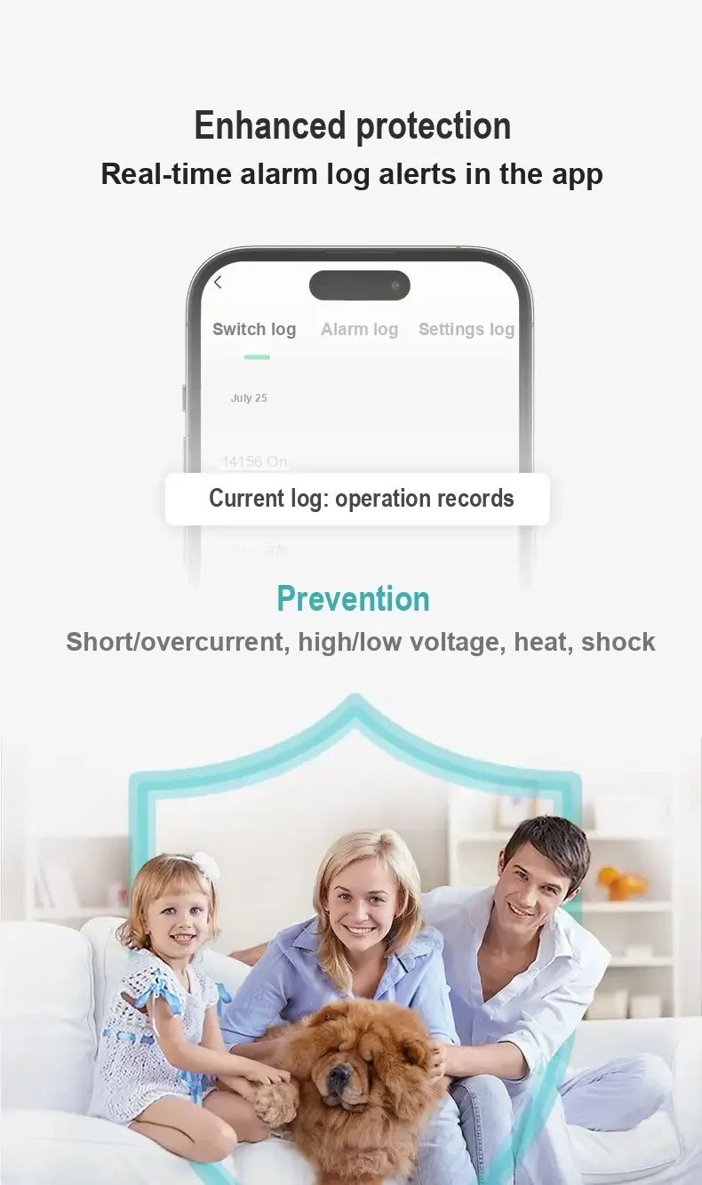 Phone log screen and family image alongside electrical protection claims.