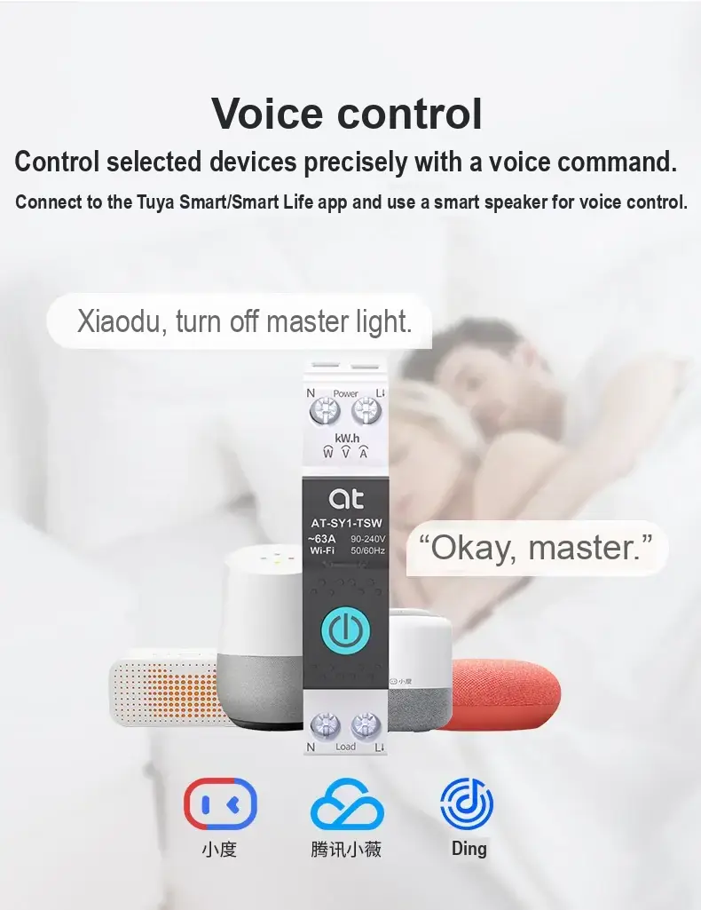 Circuit breaker shown with smart speakers and voice-control examples.