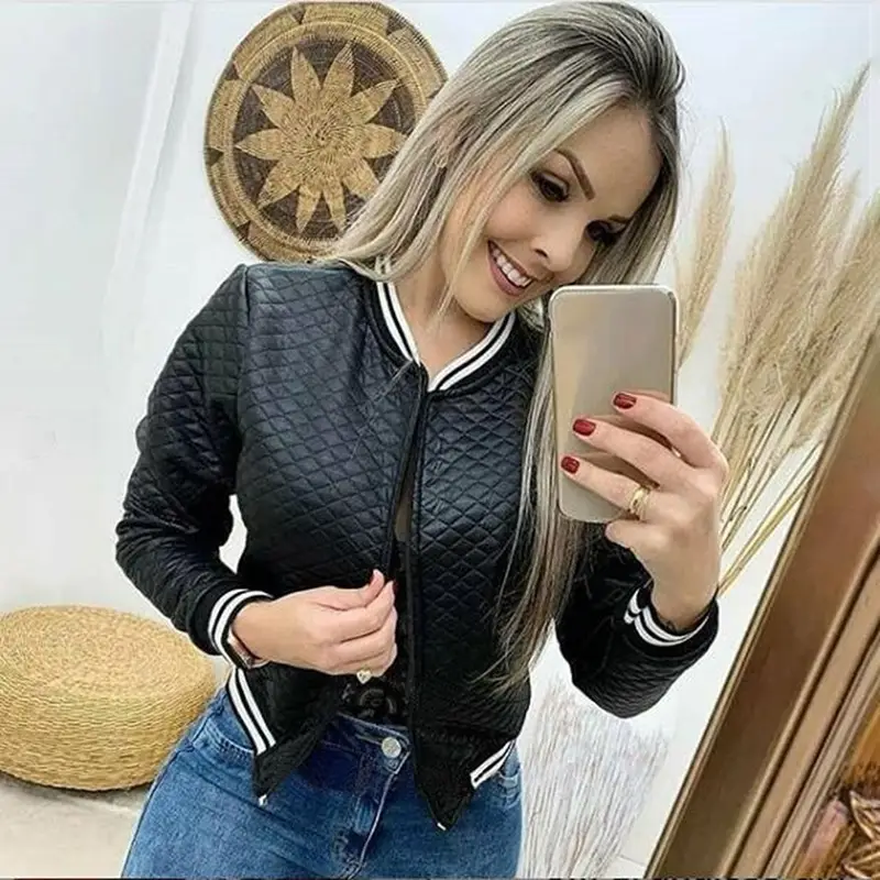 Women's White Quilted Baseball Jacket with Stripes - Image 2