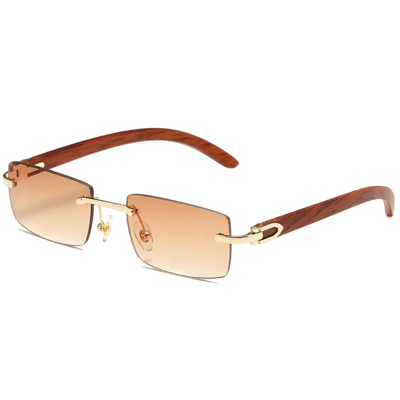 Men's Rimless Sunglasses Blue Tint Wooden Frame