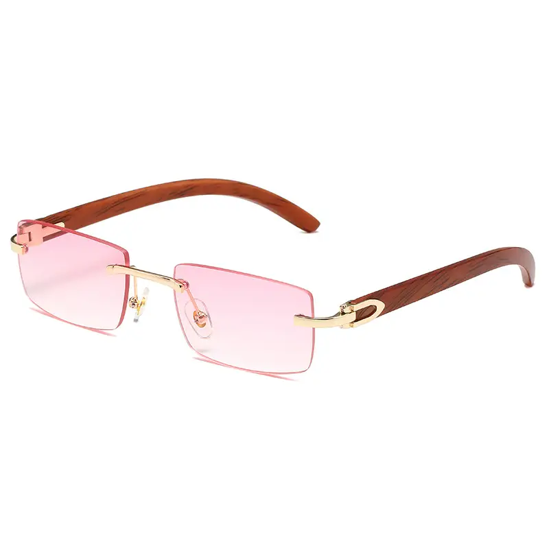 Men's Rimless Sunglasses Blue Tint Wooden Frame