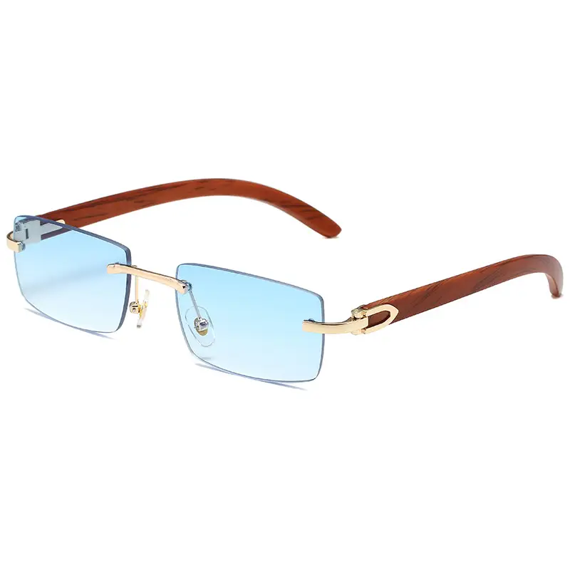 Men's Rimless Sunglasses Blue Tint Wooden Frame