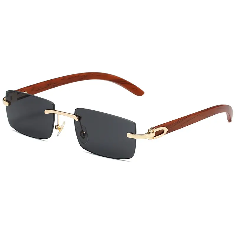 Men's Rimless Sunglasses Blue Tint Wooden Frame