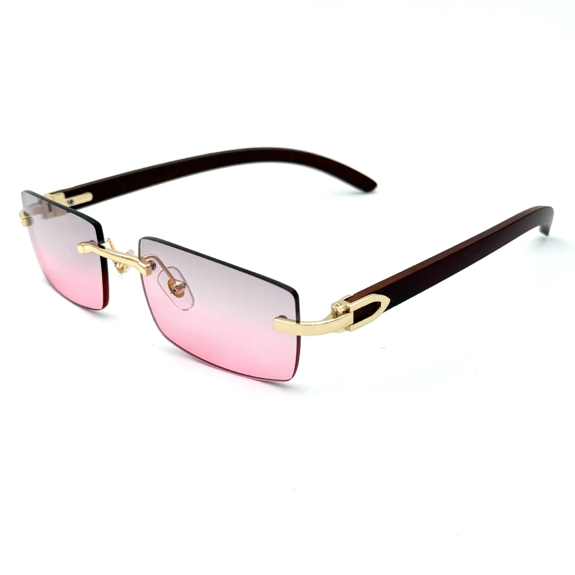 Men's Rimless Sunglasses Blue Tint Wooden Frame