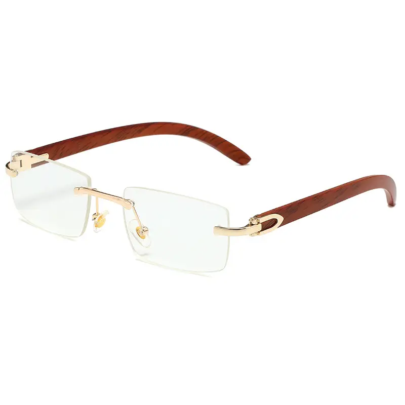 Men's Rimless Sunglasses Blue Tint Wooden Frame