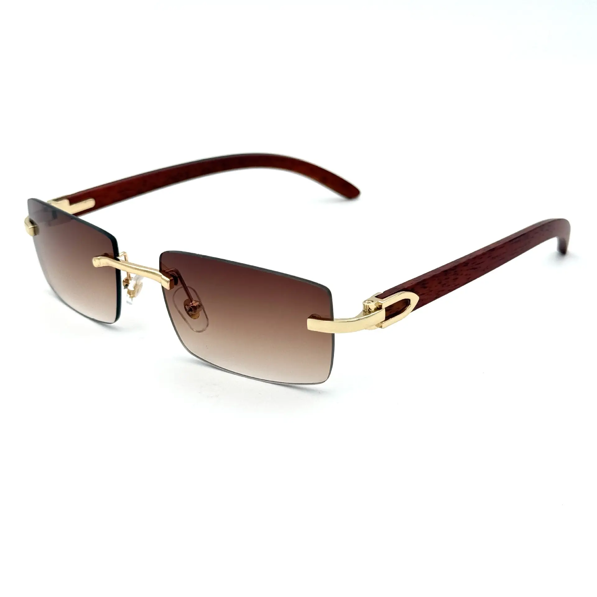Men's Rimless Sunglasses Blue Tint Wooden Frame