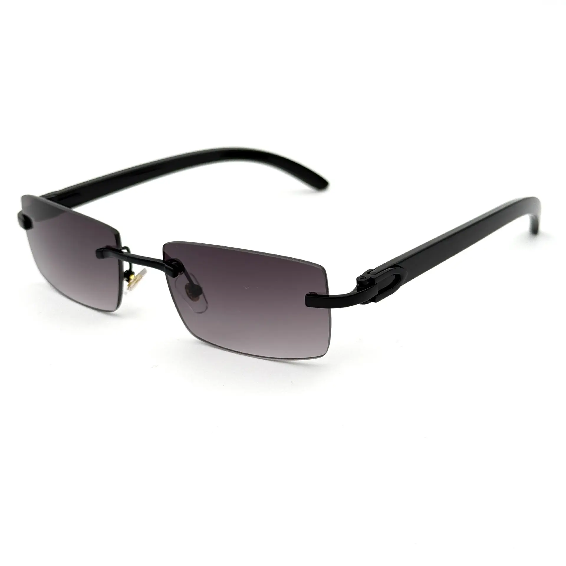 Men's Rimless Sunglasses Blue Tint Wooden Frame