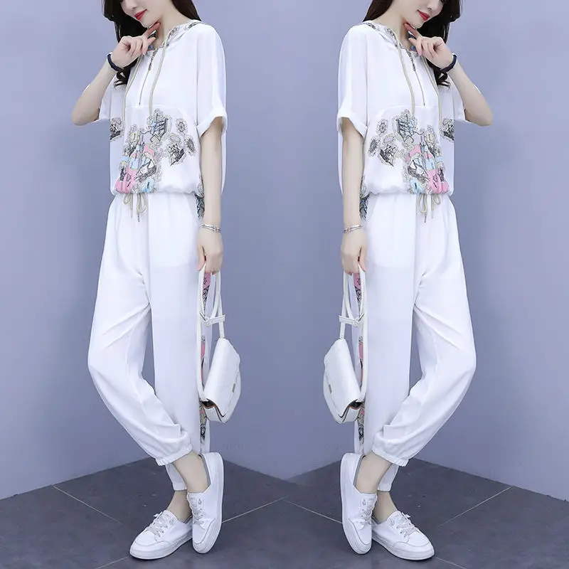 Women 2025 Hooded T-Shirt Nine-Pants Loose Suit White