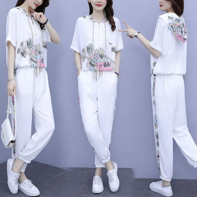 Women 2025 Hooded T-Shirt Nine-Pants Loose Suit White