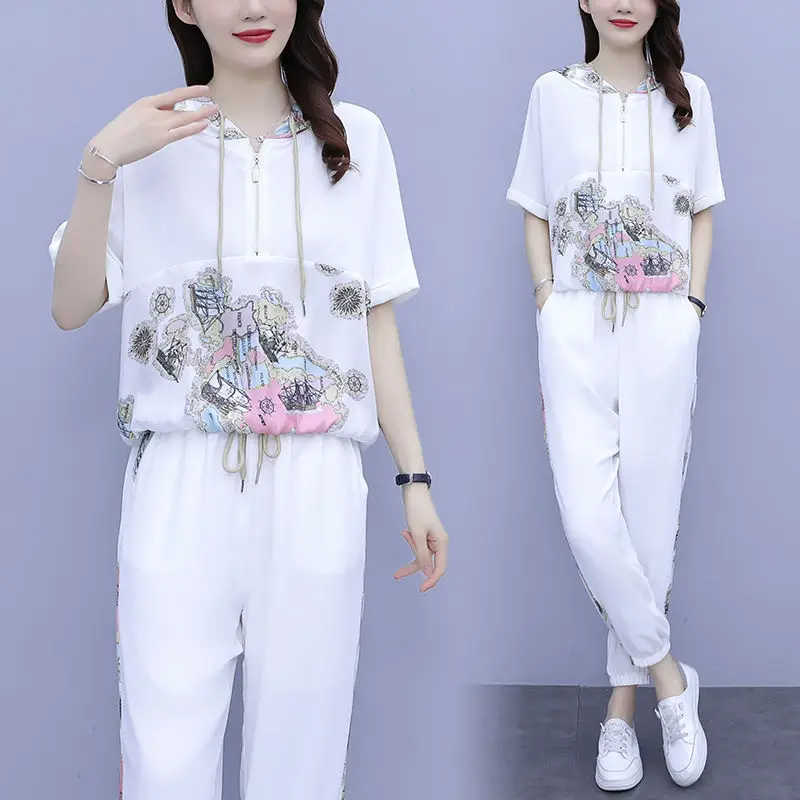 Women 2025 Hooded T-Shirt Nine-Pants Loose Suit White