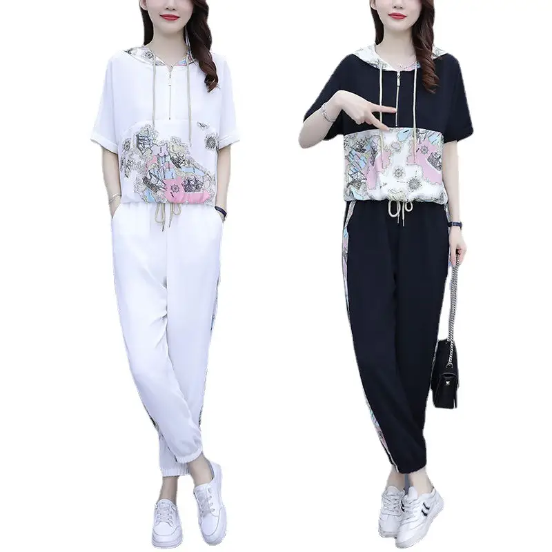 Women 2025 Hooded T-Shirt Nine-Pants Loose Suit White