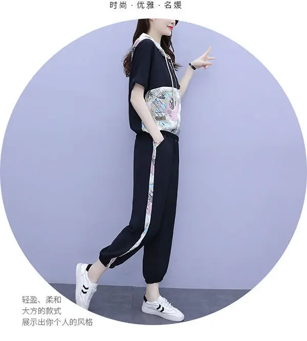 Women 2025 Hooded T-Shirt Nine-Pants Loose Suit White — feature 12