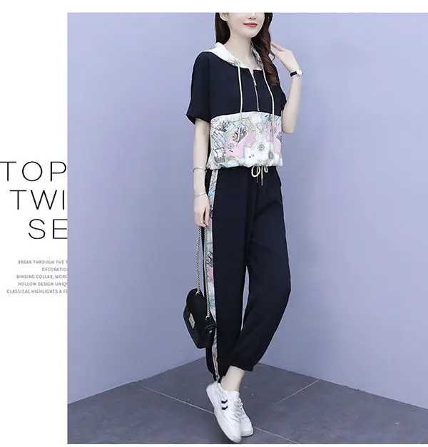 Women 2025 Hooded T-Shirt Nine-Pants Loose Suit White — feature 14
