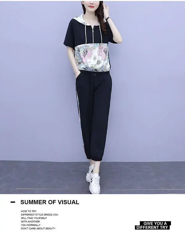 Women 2025 Hooded T-Shirt Nine-Pants Loose Suit White — feature 15