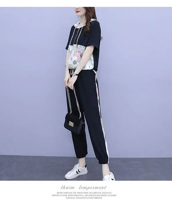 Women 2025 Hooded T-Shirt Nine-Pants Loose Suit White — feature 16