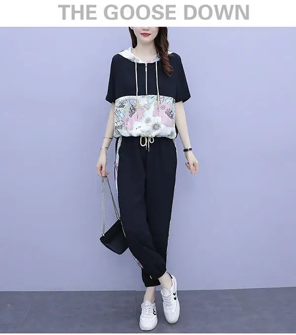 Women 2025 Hooded T-Shirt Nine-Pants Loose Suit White — feature 17
