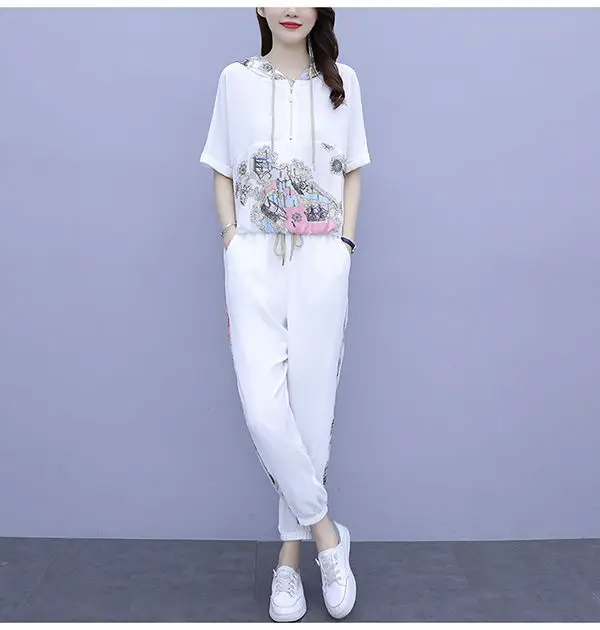 Women 2025 Hooded T-Shirt Nine-Pants Loose Suit White — feature 18
