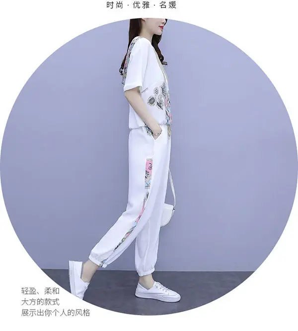 Women 2025 Hooded T-Shirt Nine-Pants Loose Suit White — feature 19