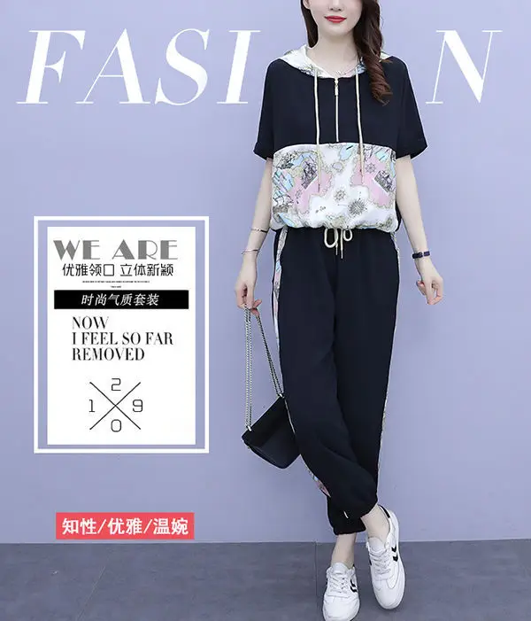 Women 2025 Hooded T-Shirt Nine-Pants Loose Suit White — feature 2