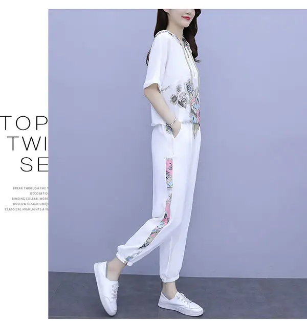Women 2025 Hooded T-Shirt Nine-Pants Loose Suit White — feature 21