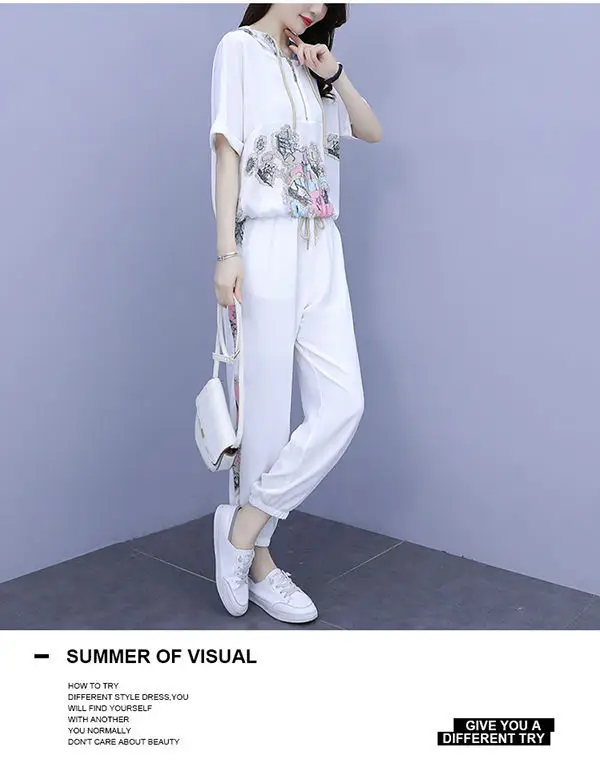 Women 2025 Hooded T-Shirt Nine-Pants Loose Suit White — feature 22