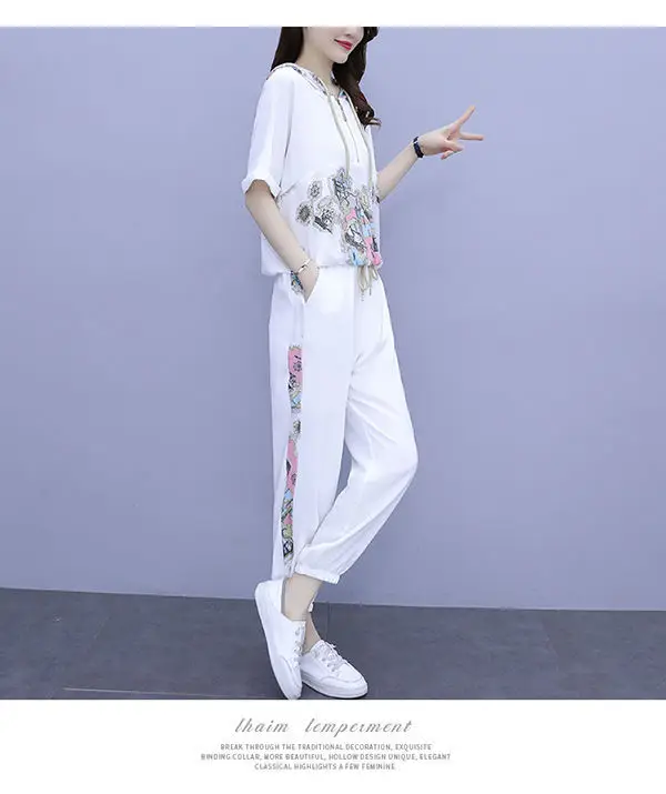 Women 2025 Hooded T-Shirt Nine-Pants Loose Suit White — feature 23