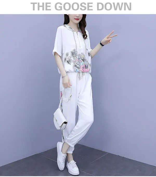 Women 2025 Hooded T-Shirt Nine-Pants Loose Suit White — feature 24