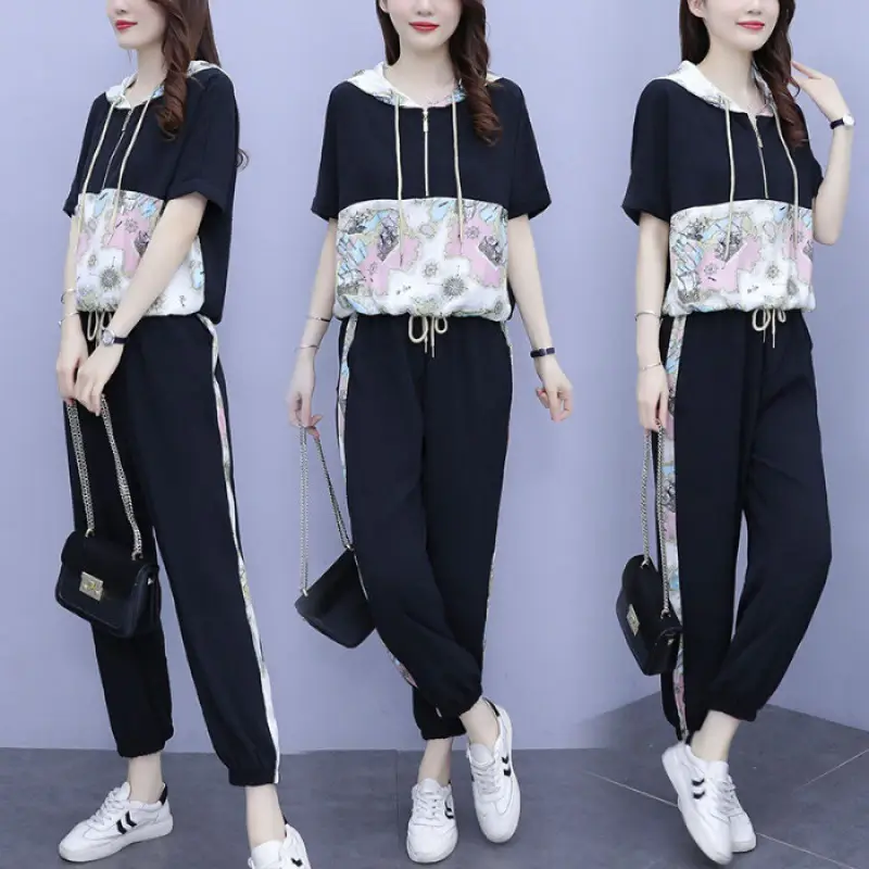 Women 2025 Hooded T-Shirt Nine-Pants Loose Suit White