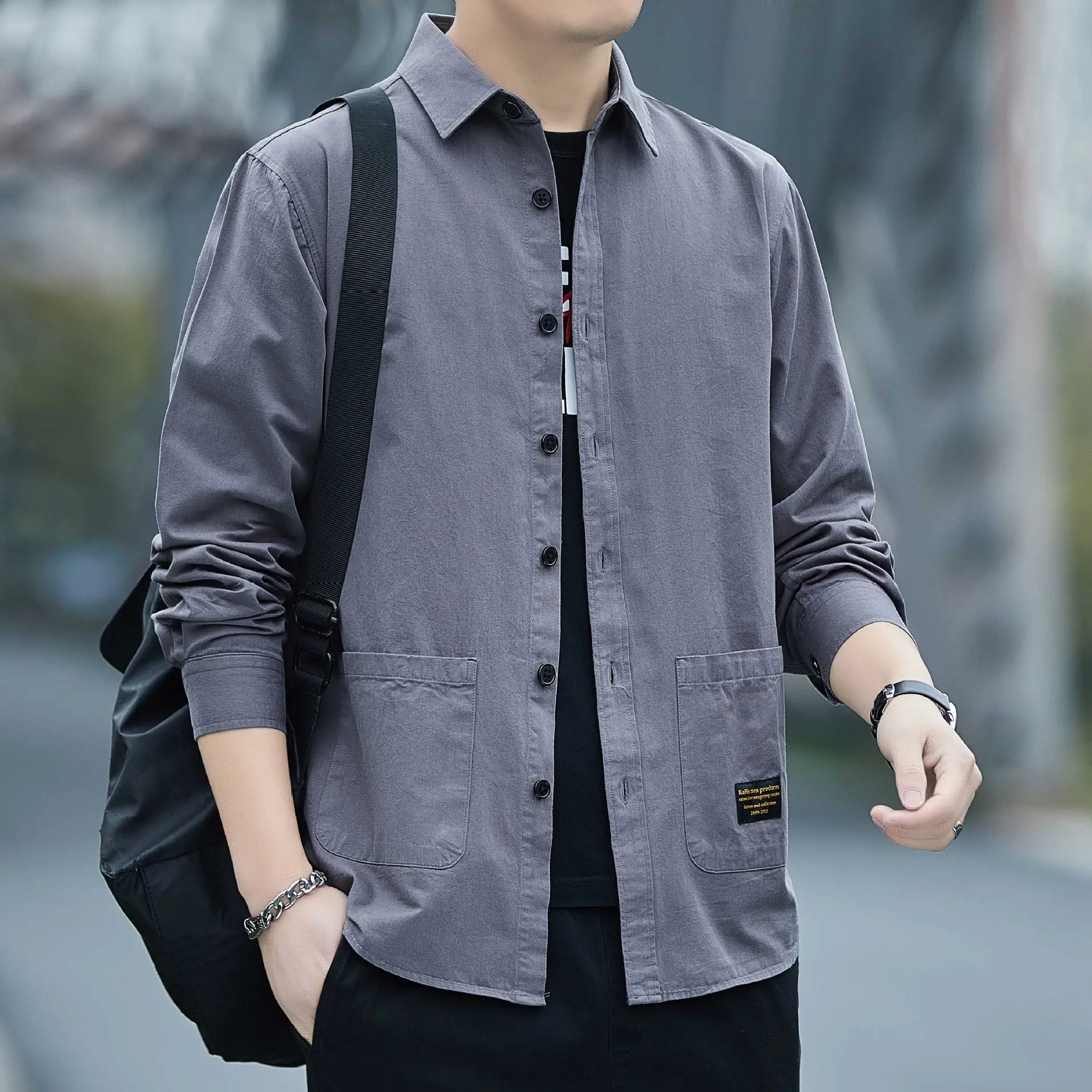Men Pure Cotton Long Sleeve Shirt Blue Spring Autumn