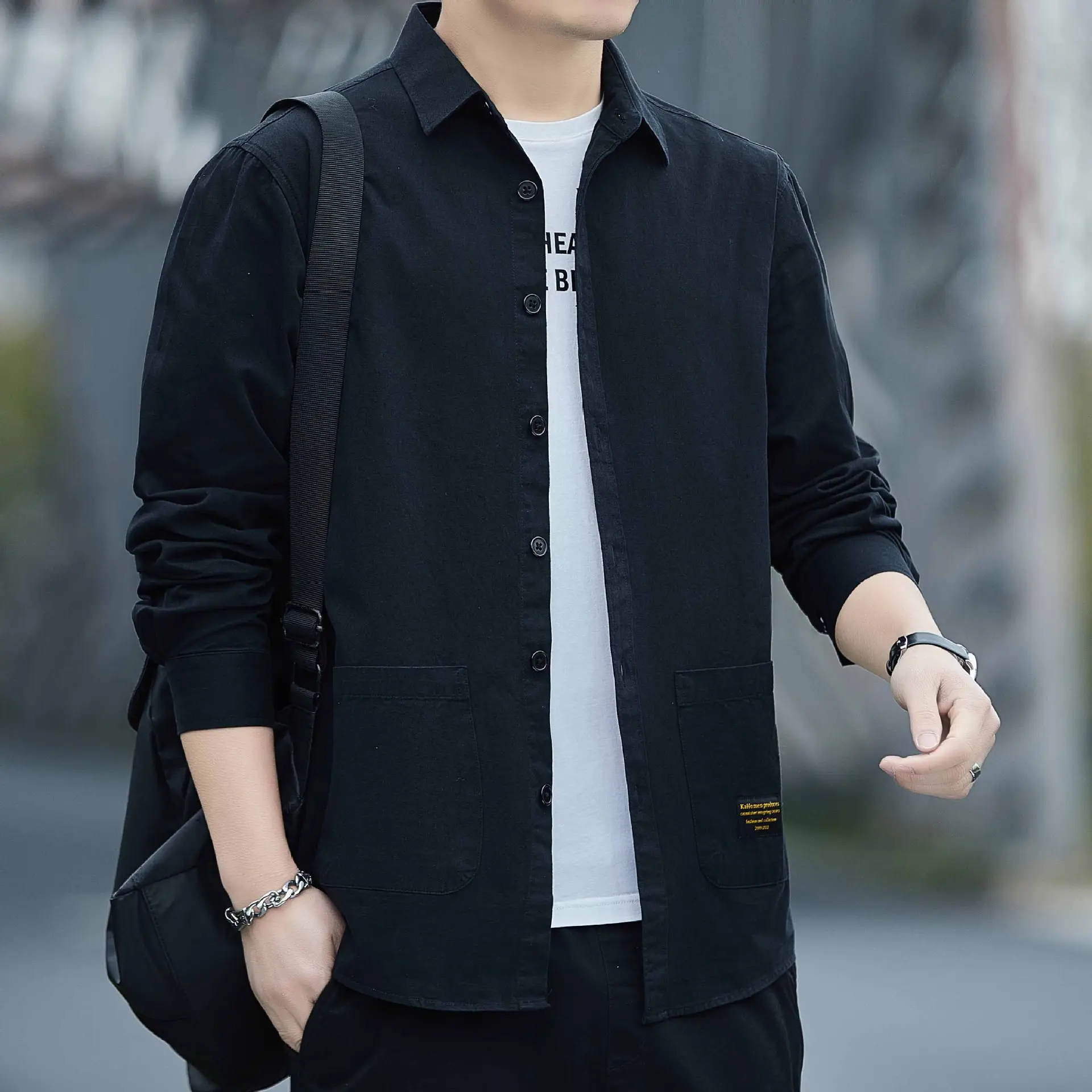 Men Pure Cotton Long Sleeve Shirt Blue Spring Autumn