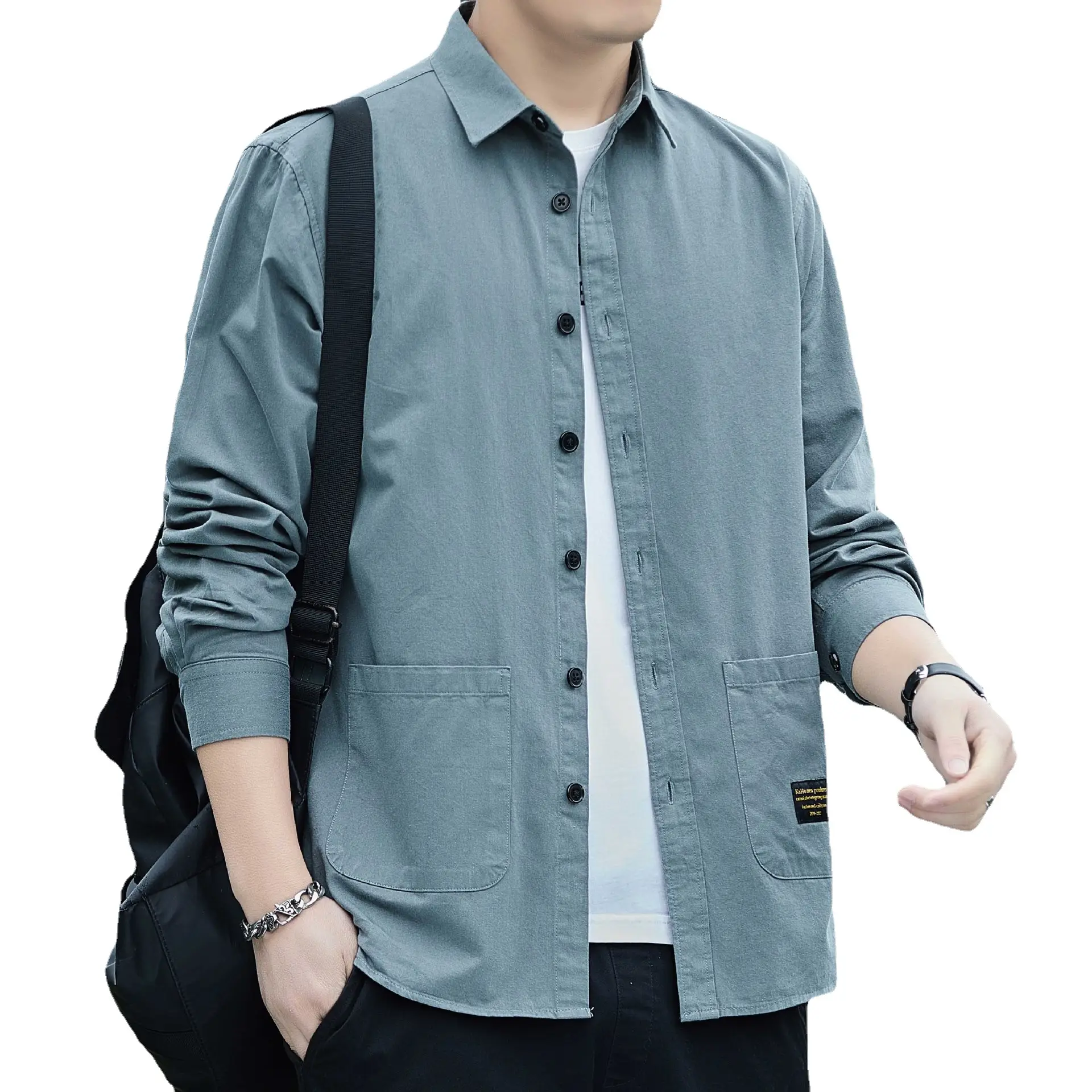 Men Pure Cotton Long Sleeve Shirt Blue Spring Autumn