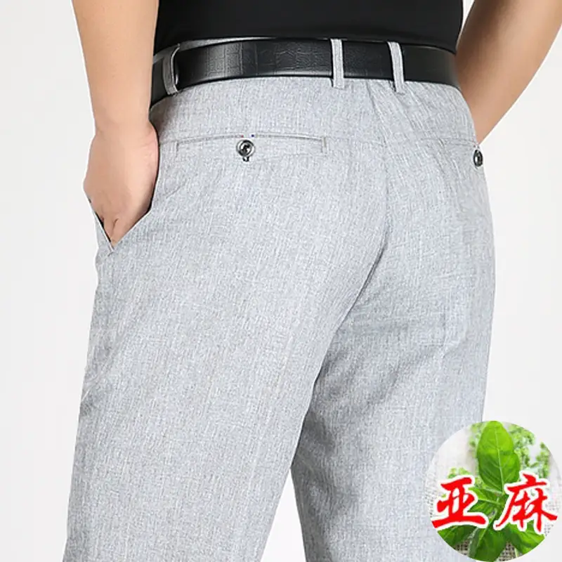 Men's Grey Ice Silk Linen Casual Pants High Waist - Image 79