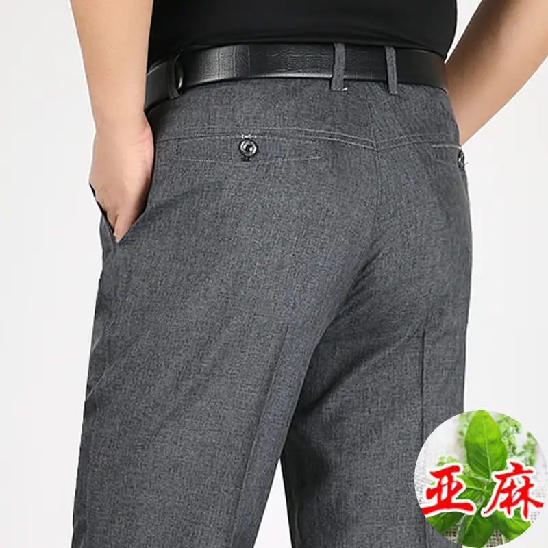 Men's Grey Ice Silk Linen Casual Pants High Waist - Image 80