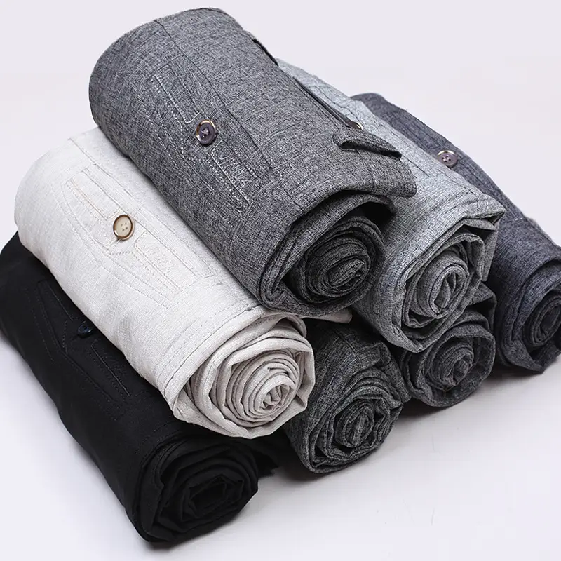 Men's Grey Ice Silk Linen Casual Pants High Waist - Image 81