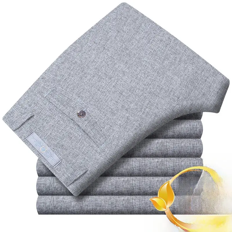 Men's Grey Ice Silk Linen Casual Pants High Waist - Image 43