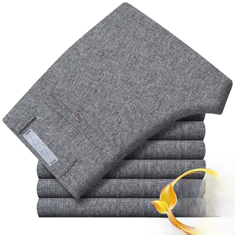 Men's Grey Ice Silk Linen Casual Pants High Waist - Image 48
