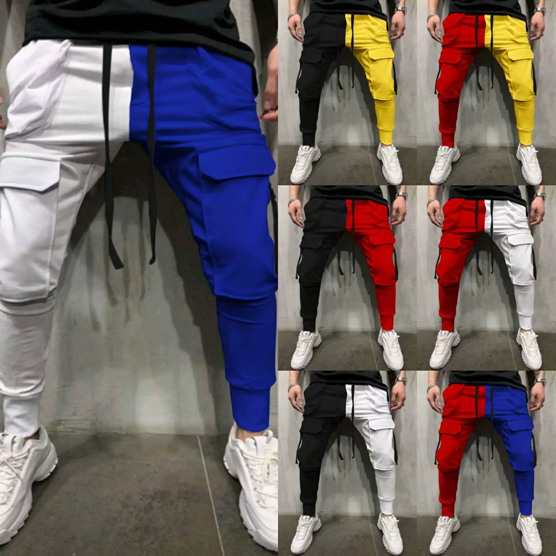 Men's Yellow Black Cargo Pants with Tether Drawstring — feature 1