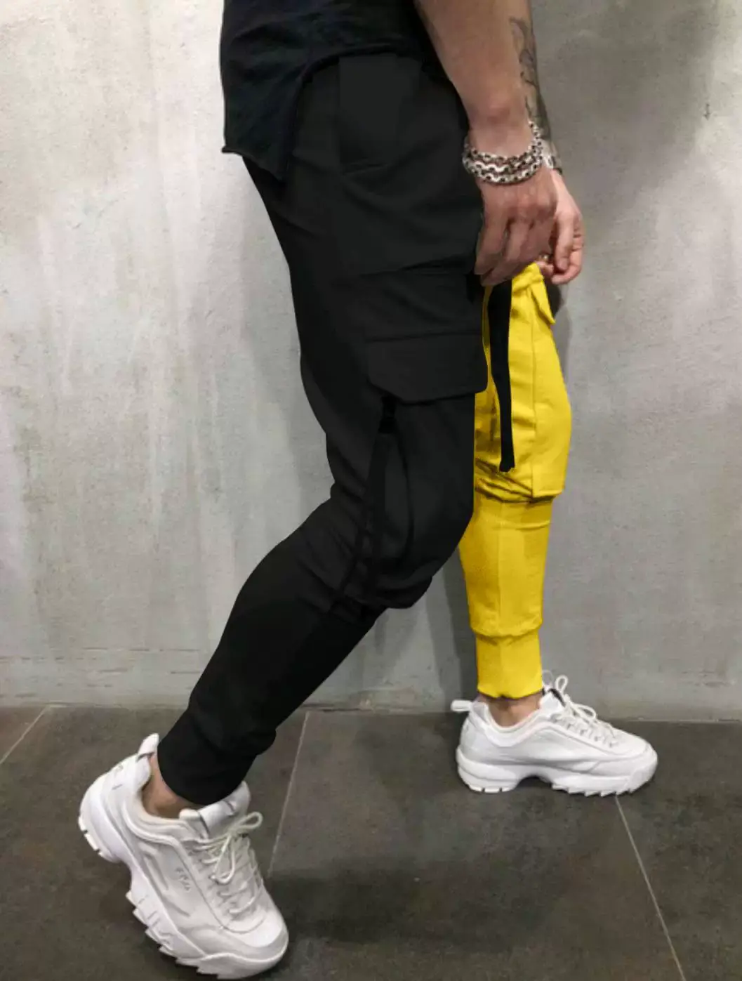 Men's Yellow Black Cargo Pants with Tether Drawstring — feature 11