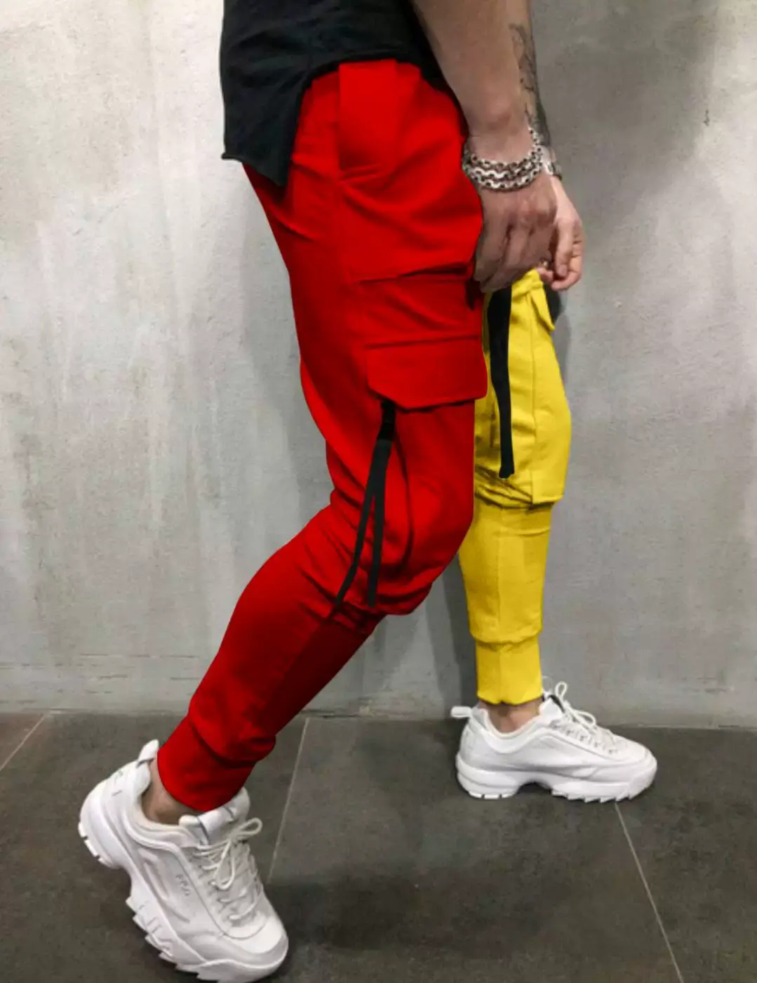 Men's Yellow Black Cargo Pants with Tether Drawstring — feature 7