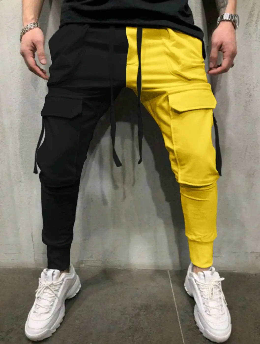 Men's Yellow Black Cargo Pants with Tether Drawstring - Image 3