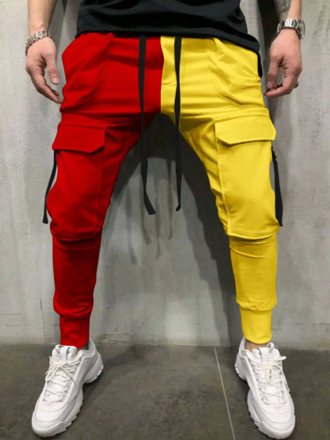 Men's Yellow Black Cargo Pants with Tether Drawstring - Image 6