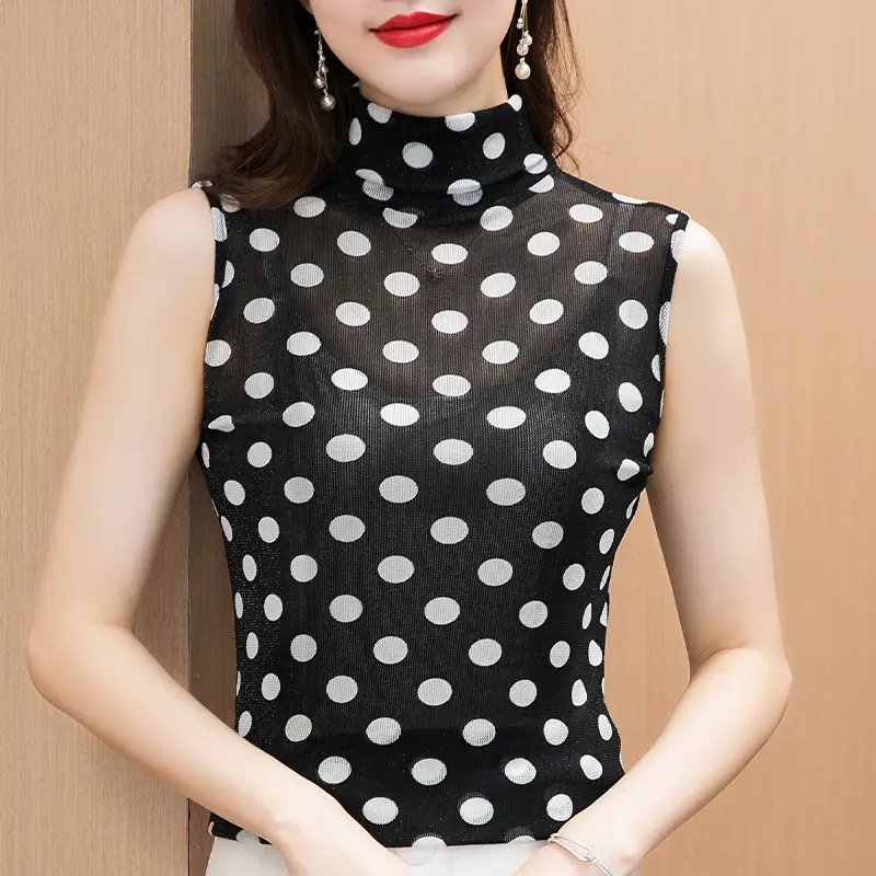 Black Polka Dot Sleeveless High Collar Shirt - Image 5