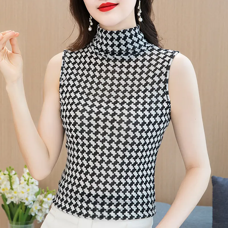 Black Polka Dot Sleeveless High Collar Shirt - Image 6