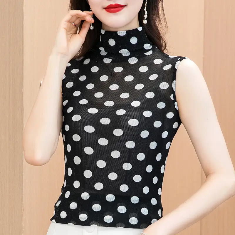 Black Polka Dot Sleeveless High Collar Shirt - Image 8