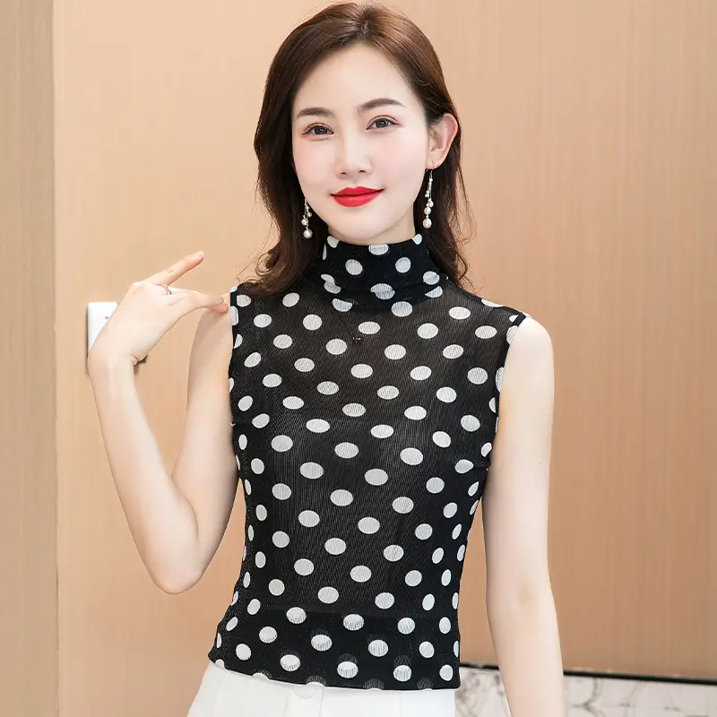 Black Polka Dot Sleeveless High Collar Shirt - Image 2
